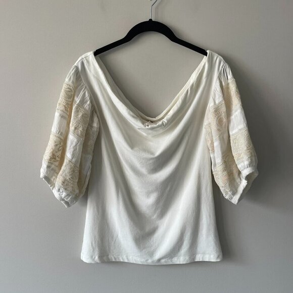 Free People Rock With It Off-Shoulder Embroidered 3/4 Sleeve Blouse Cream Medium - Picture 2 of 7